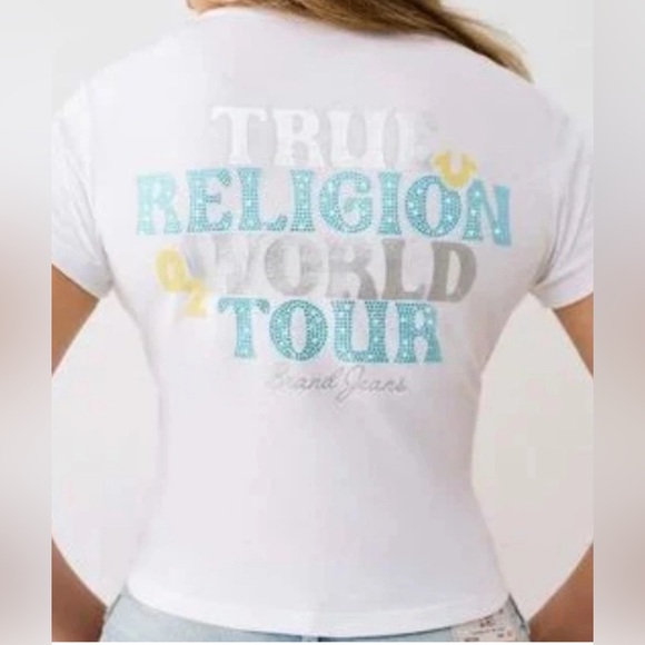 Women’s Designer True Religion Crystal World Tour Baby T-shirt Notch Baby - Picture 1 of 4